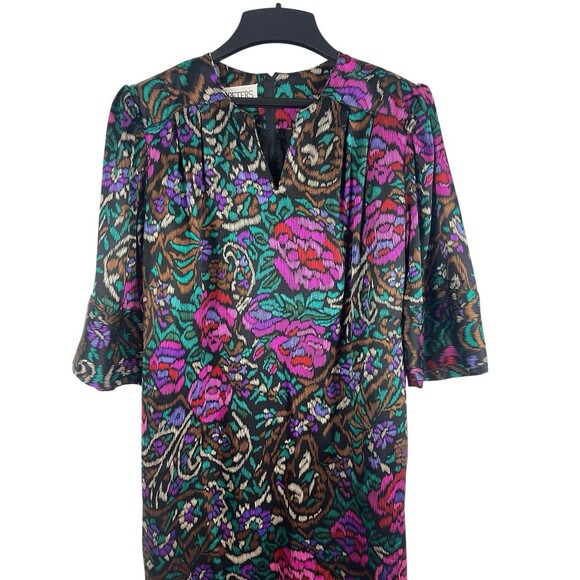 Vintage Baron Peters 100% Silk Floral Dress Sz 12 Multicolor Jewel Toned V-neck - Picture 5 of 16